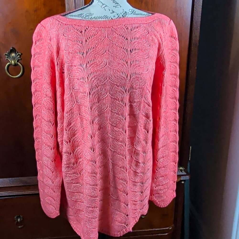 Soft Surroundings Pink Open-Knit Pullover Sweater 1X Scoop Neck Scalloped Hem - Picture 1 of 9